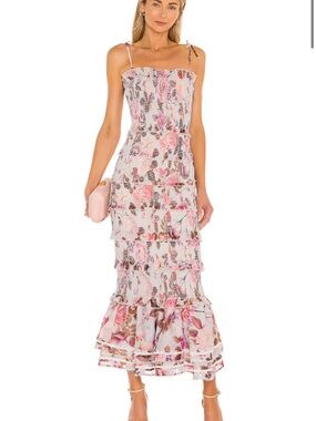V. Chapman Pink Floral Ruffle Midi Dress